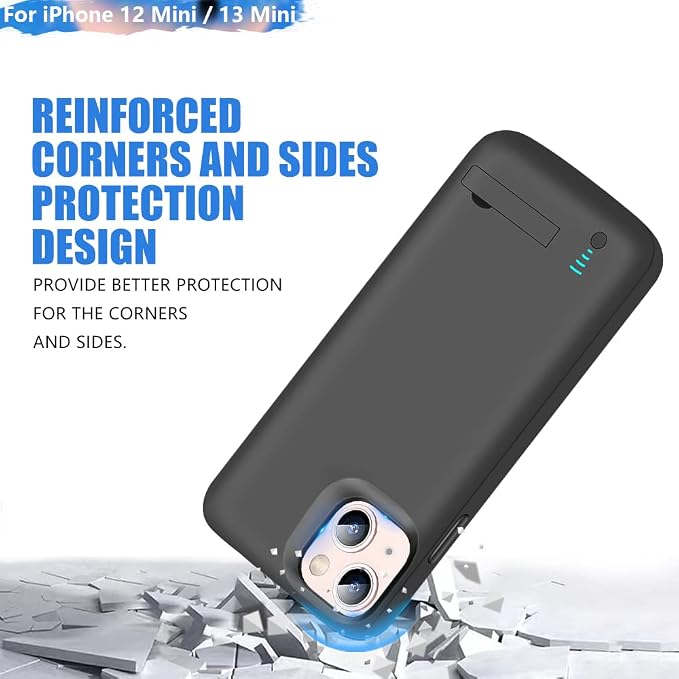 Battery Case for iPhone 12 mini & iPhone 13 mini, 4000mAh Rechargeable Extended Battery Charging Charger Case, Add 100% Extra Juice (5.4 Inches) Black