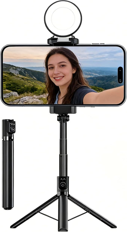 70“ Selfie Stick Tripod for iPhone/Android - Expandable Phone Tripod with Fill Light, 10M Bluetooth Remote Control, one Click Open Selfie Stick for Vlog/Travel/Live Streaming(Black)
