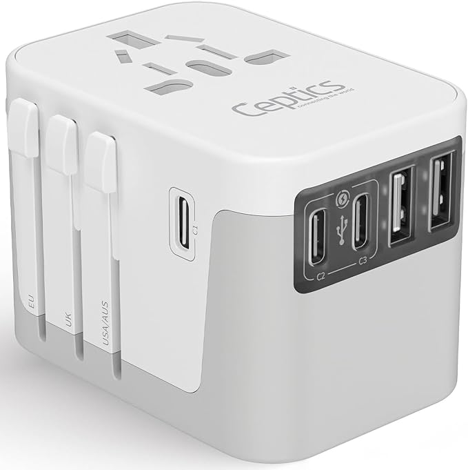 Ceptics 6 in 1 Universal Travel Adapter, Universal Outlet w/ 2X USB-A and 3X USB-C 6A, Travel Power Adapter for use in EU, UK, US, AU and More, Universal Plug for Mobiles, Laptops- UP-30KU-WH | 6 in 1 design, Type A, C, G & I Plugs, Universal Socket fo...