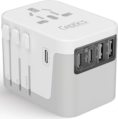 Ceptics 6 in 1 Universal Travel Adapter, Universal Outlet w/ 2X USB-A and 3X USB-C 6A, Travel Power Adapter for use in EU, UK, US, AU and More, Universal Plug for Mobiles, Laptops- UP-30KU-WH | 6 in 1 design, Type A, C, G & I Plugs, Universal Socket fo...