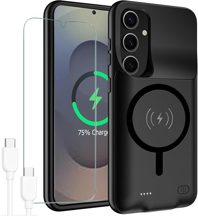 Battery Case for Galaxy S25, 10000mAh High Capacity Rechargeable Portable Protective Extended Charger Cover Compatible with Galaxy S25 (6.2 inch) Wireless Charging Case with Screen Protector-Black