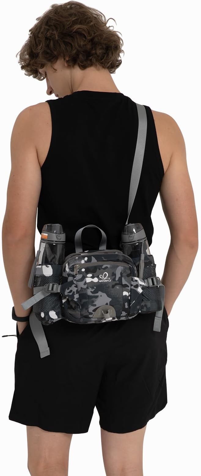 WATERFLY Fanny Pack Waist Bag: Fannie Pack 2 Water Bottle Holders Lumbar Belt Hiking Walking Running Jogging Camping Large Woman Man (Bottle Not Included)