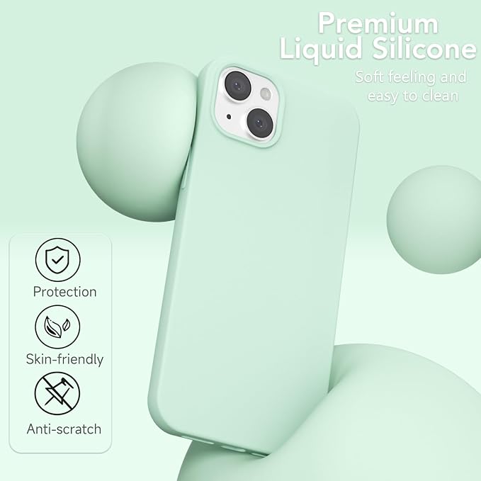 for iPhone 15 Case Silicone Compatible with Magsafe Case, Ultra Slim Thin Magnetic Phone Cases Mag Safe, Cute Soft Rubber Gel TPU Matte Plain Wireless Charging Cover for Women, Mint Green
