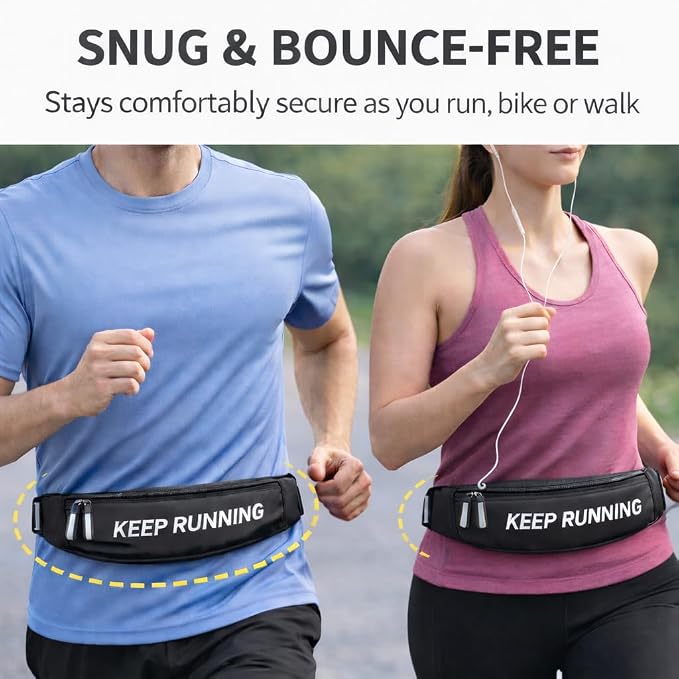 Slim Running Waist Pack for Women Men, Large Capacity Waist Belt with Organized Compartments, No-Bounce Secure Fit for Cycling, Hiking, Climbing Adventure & Reflective Safety Night Running - Black