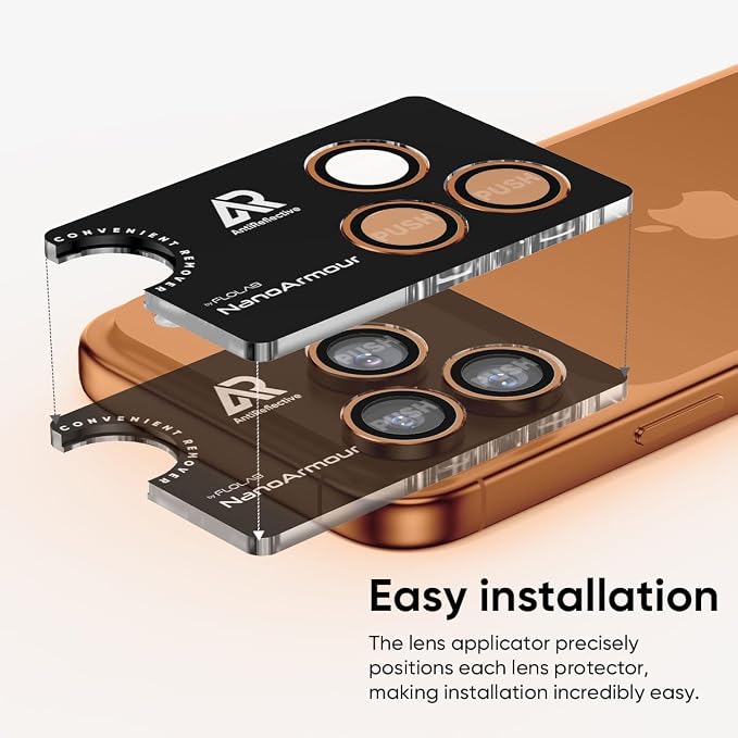 FLOLAB NanoArmour for iPhone 17 Pro Max/iPhone 17 Pro Camera Lens Protector, Anti-Reflective, Durable Tempered Glass with Aluminum Ring Ultra Clear TruColors, Easy Install - Orange