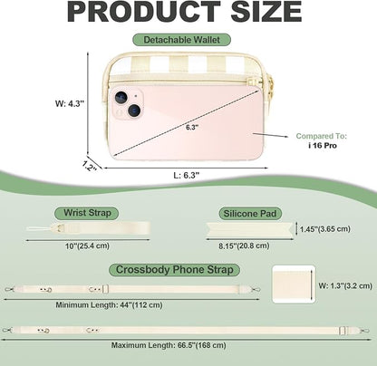 YFWE Clip and Go Strap for Phone with Wallet Crossbody, Adjustable Phone Lanyard with Detachable RFID Wristlet Wallet, Phone Strap with Phone Tabs for All Phones, Cream Checkered (M)