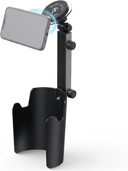 Adjustable Magnetic Cup Holder Phone Mount – MagSafe Compatible, Expandable Base, Long Arm Telescopic Car Holder, Includes Metal Ring for iPhone & Android