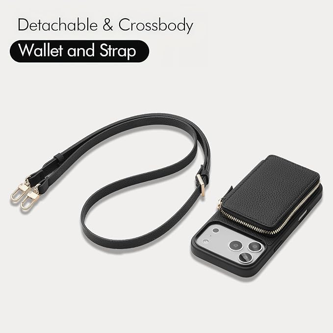 ZVE for iPhone 17 Pro Max Wallet Case Crossbody, Zipper Phone Cover with Wrist Strap RFID Blocking for 6.9" Black