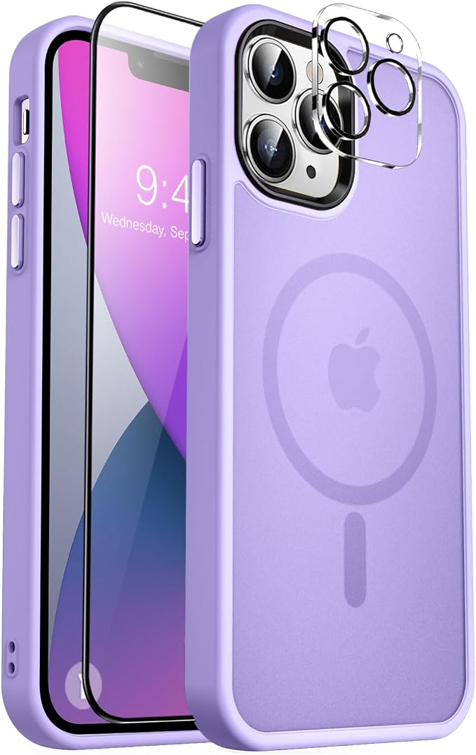 MOCCA Strong Magnetic for iPhone 13 Pro Max Case,[Compatible with Magsafe][Glass Screen Protector+Camera Lens Protector] Slim Thin Shockproof Cover Phone Case for iPhone 13 Pro Max 6.7", Light Purple