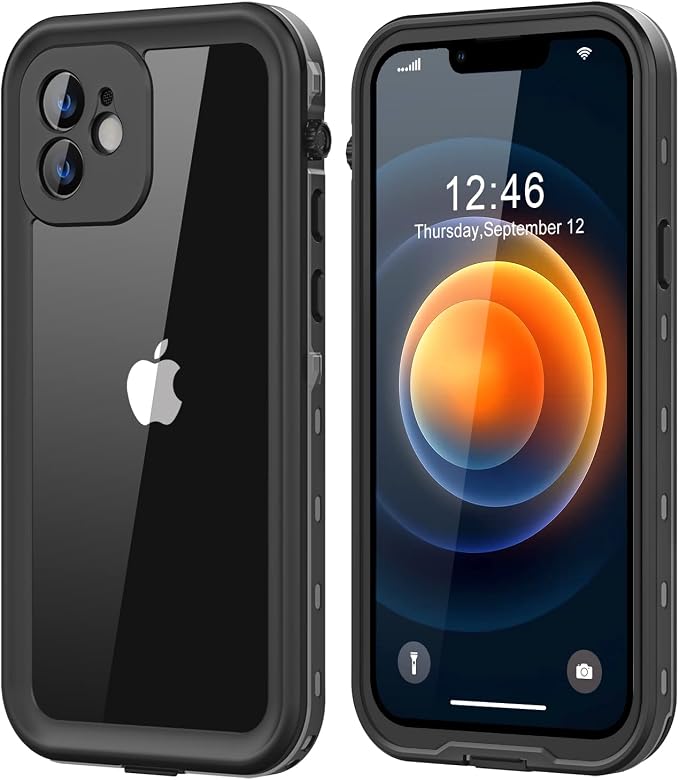 Protebox for iPhone 12 Mini Waterproof Case with Built-in Screen Protector, Shockproof Dustproof Full Body Protective IP68 Waterproof Phone Case for iPhone 12 Mini 5.4 inch (Black/Clear)