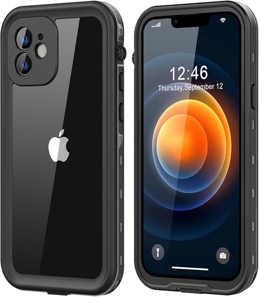Protebox for iPhone 12 Waterproof Case with Built-in Screen Protector, Shockproof Dustproof Full Body Protective IP68 Waterproof Phone Case for iPhone 12 6.1 inch (Black/Clear)