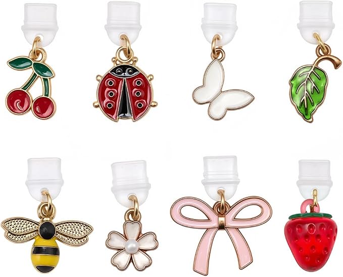 8Pcs Charms for Kindle E-Reader Fruit Insect Leaf Bow Butterfly Dust Plug Charm Compatible with Phone Type C Charging Ports Gift for Book Lover Readers Men Women Teachers Students