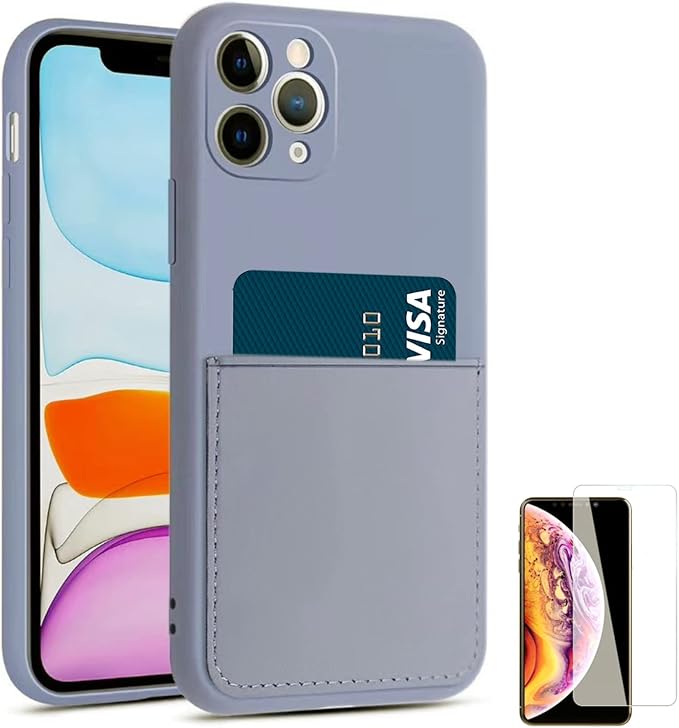 Ultra Slim Liquid Silicon Gel Case Compatible for iPhone 11 Pro 5.8 inch 2019 with Card Holder Sleeves Slot Anti-Scratch Shockproof Wallet Cover with Screen Protecto(Lavender Grey)