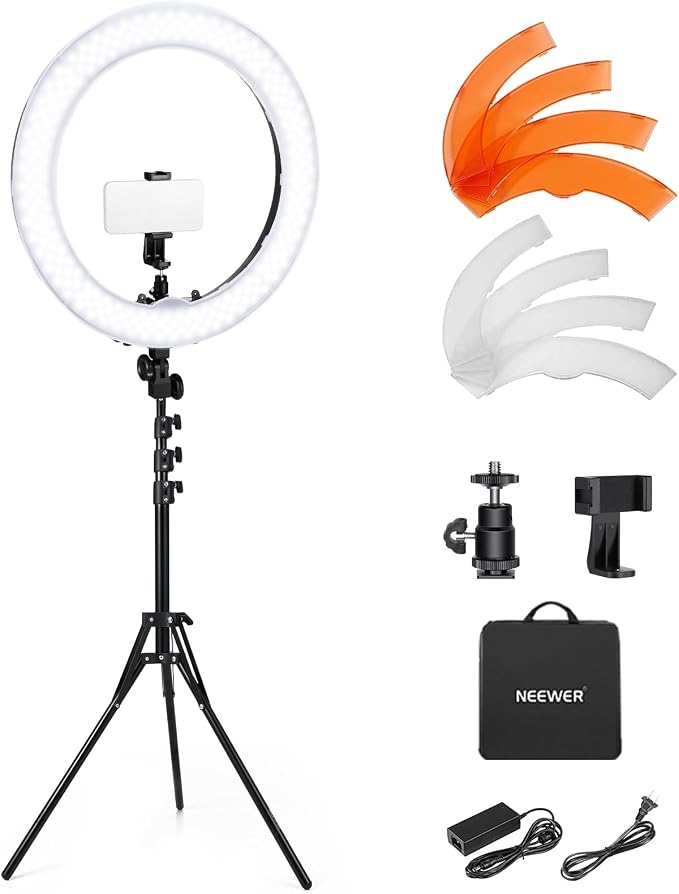 NEEWER 58W 18"/45cm Ring Light Kit, 3200K & 5600K Bi Color Dimmable CRI95 LED Selfie Lighting for iPhone with Tripod Stand/Phone Holder/Cold Shoe for Makeup Studio Video Recording Photography, RL-18