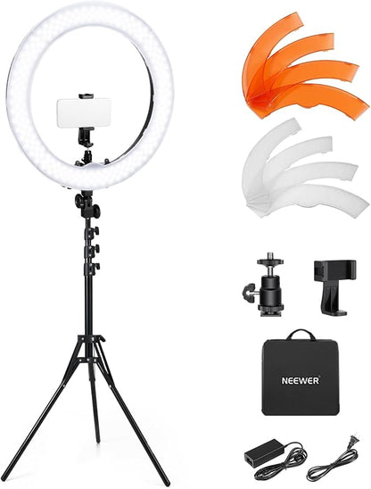 NEEWER 58W 18"/45cm Ring Light Kit, 3200K & 5600K Bi Color Dimmable CRI95 LED Selfie Lighting for iPhone with Tripod Stand/Phone Holder/Cold Shoe for Makeup Studio Video Recording Photography, RL-18
