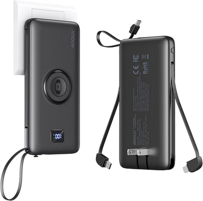 Portable Charger 10000mAh 22.5W PD 3.0+QC 4.0 Super Fast Charging Power Bank, Built-in Cables & AC Wall Plug & Magnetic Wireless iWatch Charger, USB-C Battery Pack for iPhone/Samsung/Apple Watch, etc