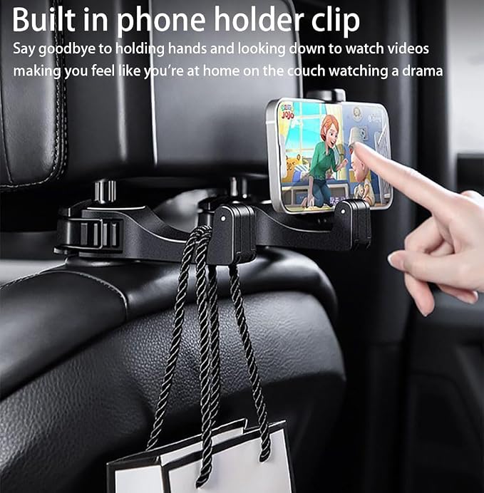 Upgraded 2 Pack Car Headrest Hidden Hook 2 in 1 Car Seat Hooks with Phone Holder for Purses and Bags, Universal 360° Rotation Headrest Hooks Purse Holder for Car, Car Purse Hook Holder (red)
