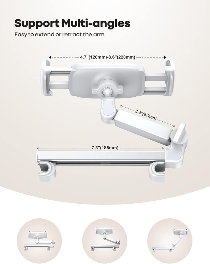Lamicall Car Headrest Tablet Holder - [Extension Arm] Upgrade Adjustable Tablet Car Mount for Back Seat, Road Trip Essentials for Kids, for 4.7-11" Device like iPad Pro, Air, Mini, Galaxy, Fire, White