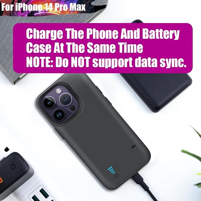 Battery Case for iPhone 14 Pro Max, 6000mAh Rechargeable Extended Battery Charging Charger Case, Add 100% Extra Juice (6.7 Inches) Black