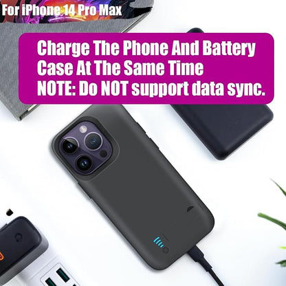 Battery Case for iPhone 14 Pro Max, 6000mAh Rechargeable Extended Battery Charging Charger Case, Add 100% Extra Juice (6.7 Inches) Black