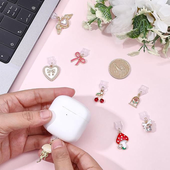 8Pcs 8 Styles Charms for Kindle Heart Bow Mushroom Cherry Flower Dust Plug Charm Compatible with Kindle E-Reader Phone Type C Charging Ports Gift for Book Lover Readers Men Women