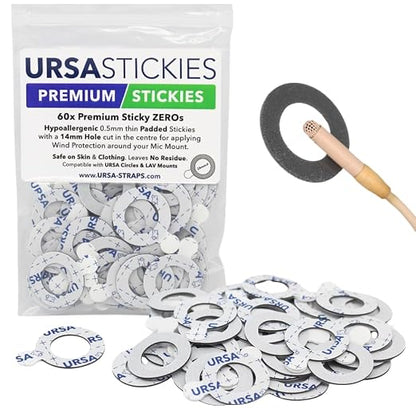 URSA Premium Sticky Zeros – Pack of 60 Ultra-Thin Padded Stickies with 14 mm Centre Hole for Lavalier Wind Protection & Under-Costume Mic Mounting