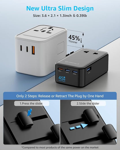 “Air” Universal Travel Adapter 3 USB-C＆ 1 USB-A Cover 200+ Countries | GaN 45W, International Plug Adapter, All in One Portable Adapter, NOT A Voltage Converter, for USA, UK, EU, AU (Black)