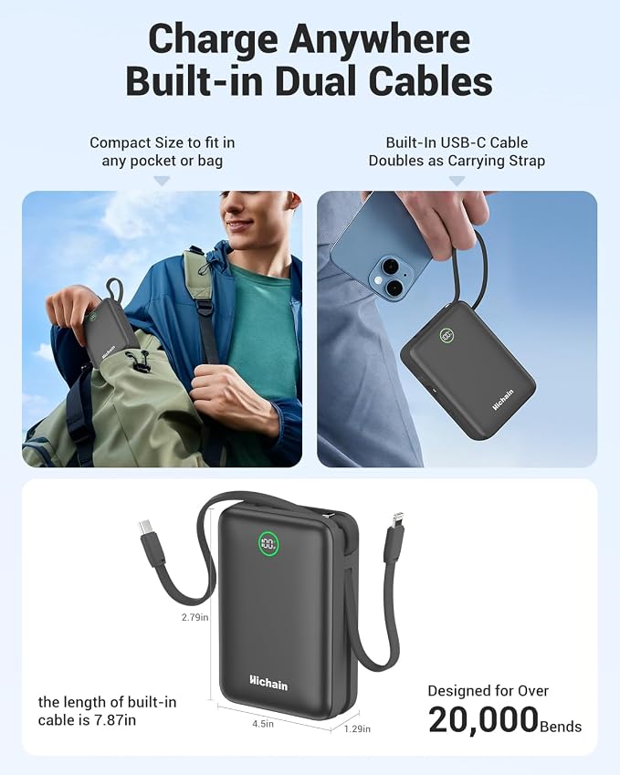 Hichain 20,000mAh 35W Power Bank Fast Charging Portable Charger Gray | for iPhone 17/16/15/14/13, iPad, Android, LED Display 4 Outputs Battery Pack Built in Dual Cables Portable Travel Charger