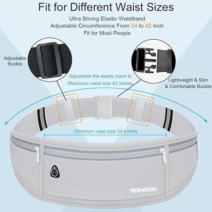 Water Resistant Fanny Pack，Slim Running Belt for Women Men，Waist Bag Running Phone Holder with 3 Zipper Pockets for iPhone 16 15 14 13 Samsung，Reflective Running Pouch for Walking Cycling Grey