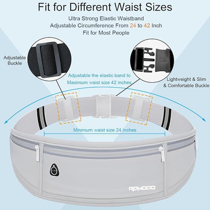 Water Resistant Fanny Pack，Slim Running Belt for Women Men，Waist Bag Running Phone Holder with 3 Zipper Pockets for iPhone 16 15 14 13 Samsung，Reflective Running Pouch for Walking Cycling Grey