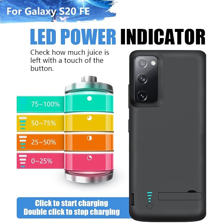 Upgraded Battery Case for Samsung Galaxy S20 FE 5G, 5000mAh Rechargeable Extended Battery Charging Charger Case, Add 100% Extra Juice (6.5 Inches) Black