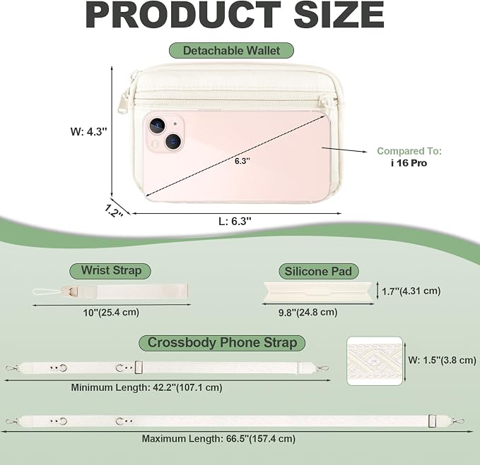 YFWE Clip and Go Strap for Phone with Wallet Crossbody, Adjustable Phone Lanyard with Detachable RFID Wristlet Wallet, Pattern Strap, Cream (M)