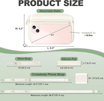 YFWE Clip and Go Strap for Phone with Wallet Crossbody, Adjustable Phone Lanyard with Detachable RFID Wristlet Wallet, Pattern Strap, Cream (M)
