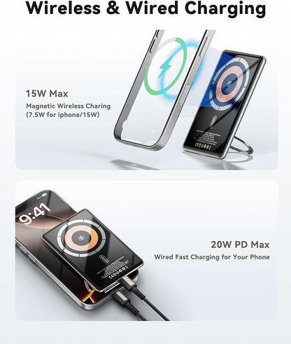 Kuulaa 5000mAh Magnetic Power Bank for iPhone 0.41in Slim Magsafe Battery Pack Wireless Portable Charger with Rotable Stand 20W PD USB C Output for iPhone 17/16/15/14/13/12 Series (Titanium)