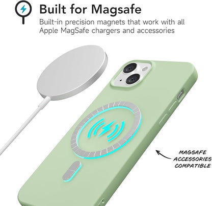 for iPhone 15 Plus/ 14 Plus Case Silicone Compatible with Magsafe Case, Ultra Slim Thin Magnetic Phone Cases Mag Safe, Cute Soft Rubber Gel Matte Wireless Charging Cover for Women, Sage Green