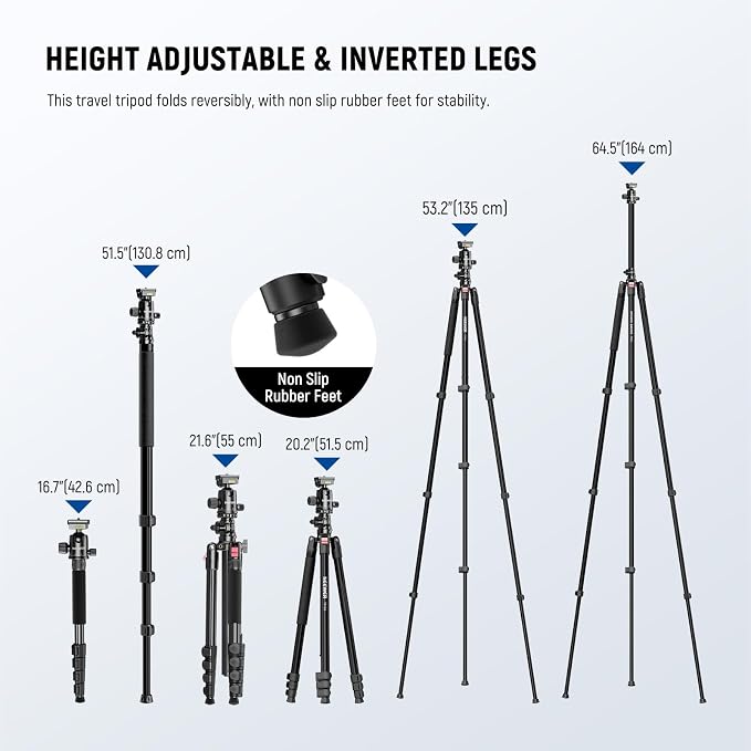 NEEWER Basics 64.5" Horizontal Overhead Tripod Monopod for Dual Camera Aluminum Travel DSLR Camcorder Stand with Cell Phone Holder Compatible with iPhone for Video Recording, 22lb/10kg Load, TP66