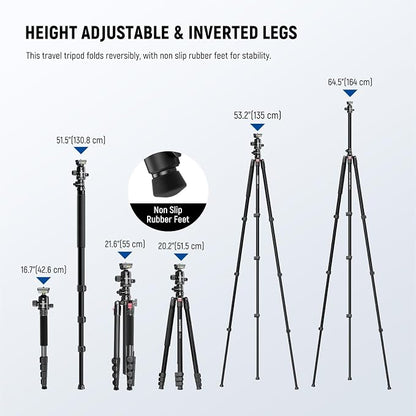NEEWER Basics 64.5" Horizontal Overhead Tripod Monopod for Dual Camera Aluminum Travel DSLR Camcorder Stand with Cell Phone Holder Compatible with iPhone for Video Recording, 22lb/10kg Load, TP66