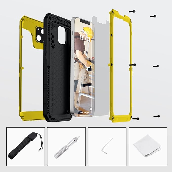 Mitywah Waterproof Case for iPhone 14, Heavy Duty Shockproof Case with Built-in Screen Protector, Full Body Underwater Protective Metal Case 6.1 inch, Yellow