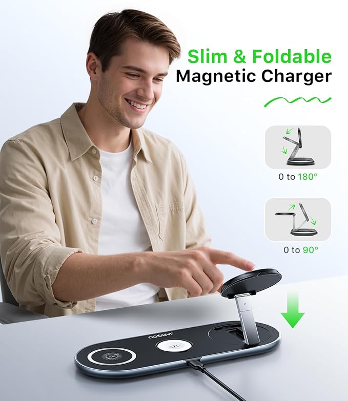 JARGOU Foldable 3 in 1 Wireless Charging Station for Apple with Magsafe Charger Stand, Fast Magnetic Wireless Charger for iPhone 17 Air 16 15 14 13 12, for iWatch, for AirPods (Light Black)