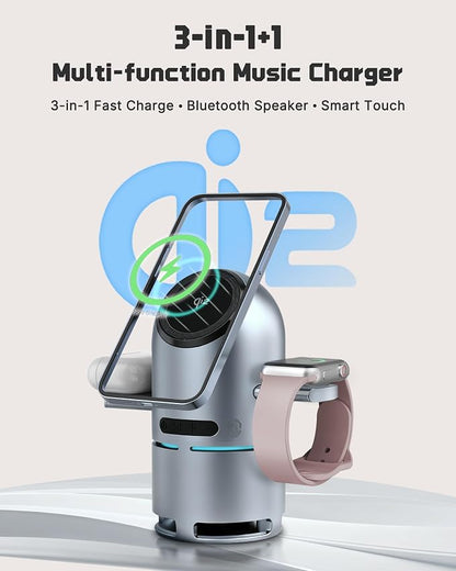 3-in-1 Charging Station for Multiple Devices, Charging Stand with Portable Bulti-in Speaker, Qi2 Certified 30W Fast Wireless Charger for iPhone 17/16/15/14/13/12 Pro, Apple Watch & AirPods