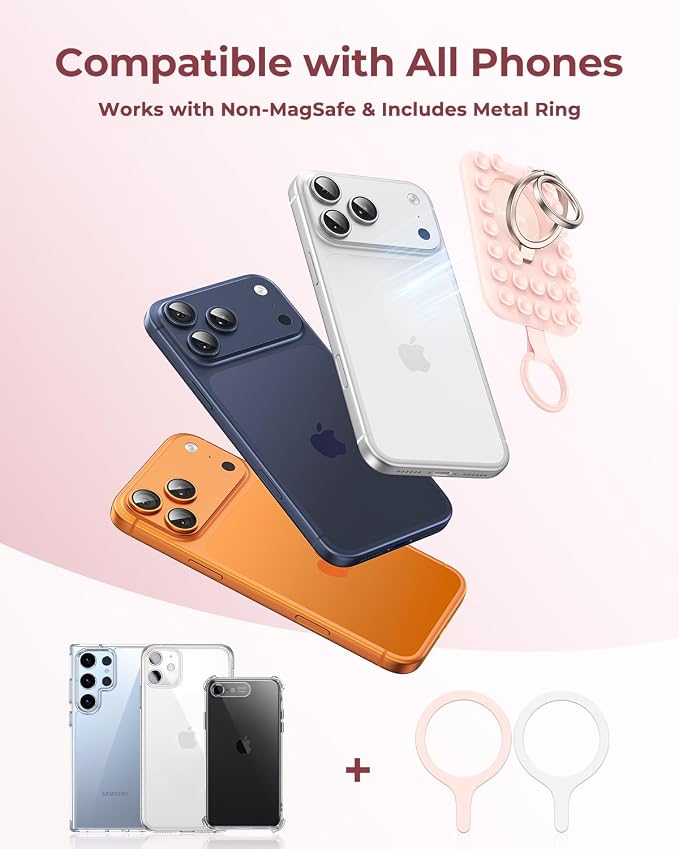 Syncwire Magnetic Phone Grip MagSafe Compatible Phone Ring Holder with Silicone Suction Cup Dual Ring Phone Stand for Mirror Selfie Video Recording Hands Free Use,Blush Pink