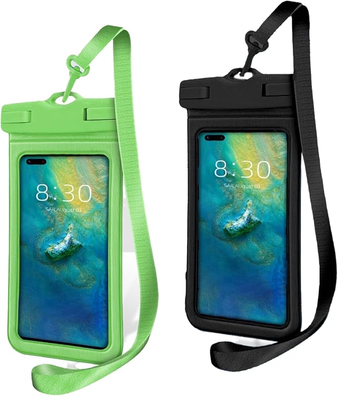 IPX8 Waterproof Phone Case (2-Pack) - Universal Waterproof Bag for iPhone, Samsung, Pixel up to 7” | Clear Touchscreen for Swimming, Snorkeling, Kayaking & Beach (Jungle Green and Shadow Black)