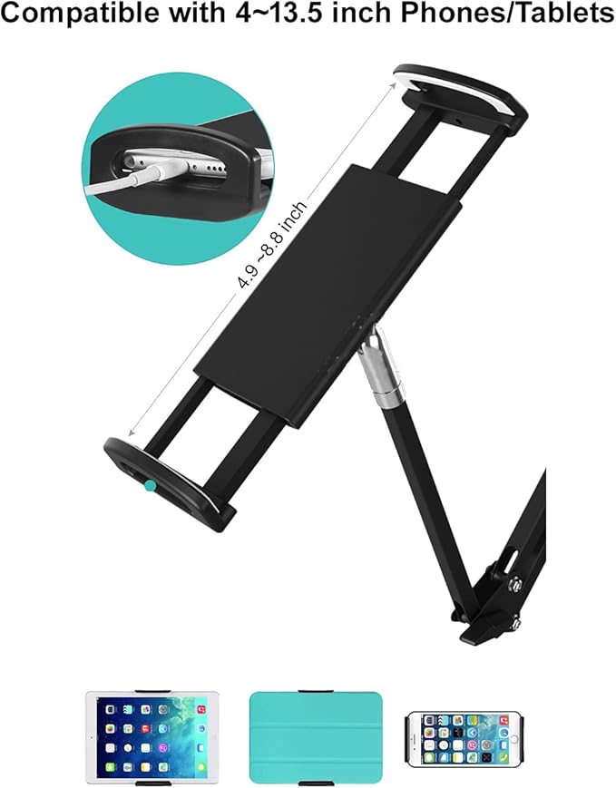 Heavy Duty Phone/Tablet Metal Holder Universal Mobile Cell Smartphone Mount Lazy Bracket 360° Rotation Gooseneck Clamp Stand Flexible Long Arm (Black, 3-Section)
