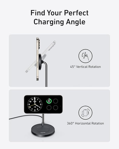 Anker MagSafe Compatible MagGo Charger Stand, iPhone 17 Wireless Charger, 2-in-1 Charging Station, Qi2 Certified 15W Fast Charging, for iPhone 17/16/15/14/13/12, AirPods Pro (Black, No Adapter)