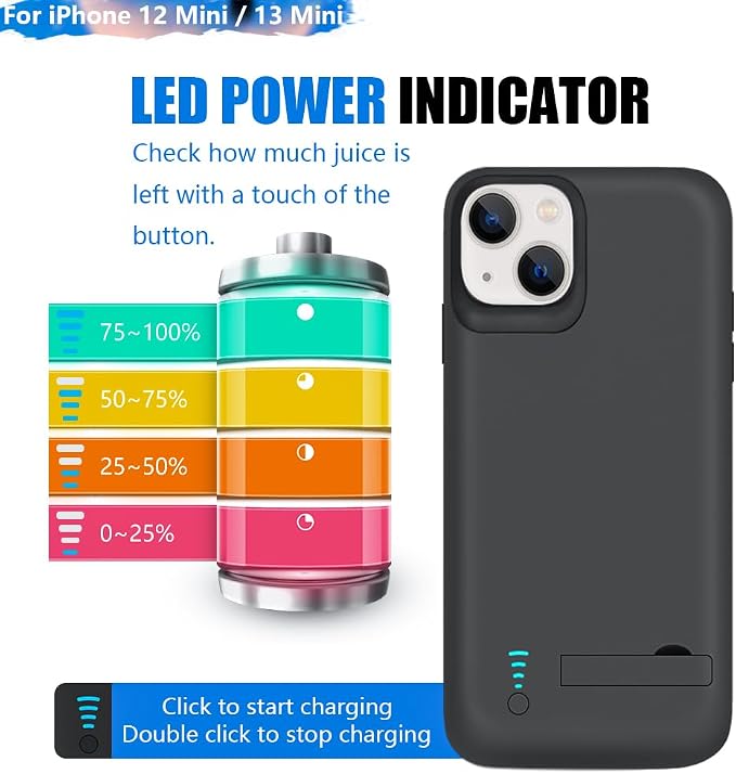 Battery Case for iPhone 12 mini & iPhone 13 mini, 4000mAh Rechargeable Extended Battery Charging Charger Case, Add 100% Extra Juice (5.4 Inches) Black