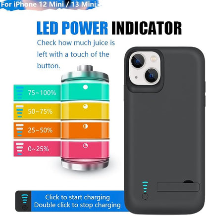 Battery Case for iPhone 12 mini & iPhone 13 mini, 4000mAh Rechargeable Extended Battery Charging Charger Case, Add 100% Extra Juice (5.4 Inches) Black