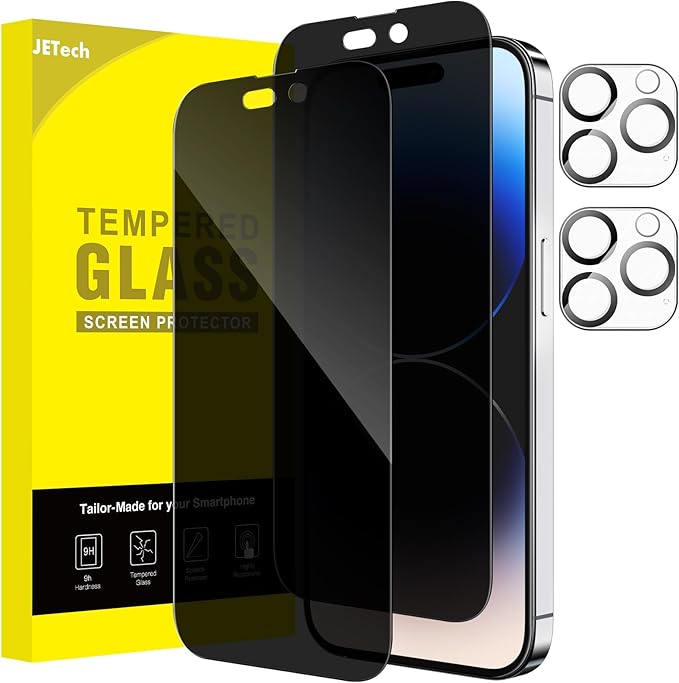 JETech Privacy Full Coverage Screen Protector for iPhone 14 Pro Max 6.7-Inch, with Camera Lens Protector, Anti-Spy Tempered Glass Film, 2-Pack Each