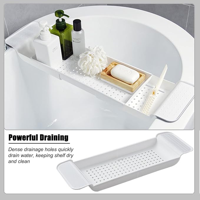 Expandable Drain Bath Shelf Caddy Tray, Multifunctional Plastic Bathtub Tray Bathroom Organizer Simple Stylish Bathtub Storage Rack for Candle Towel, Book, Wine, Phone, Shower