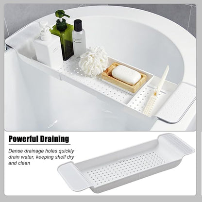 Expandable Drain Bath Shelf Caddy Tray, Multifunctional Plastic Bathtub Tray Bathroom Organizer Simple Stylish Bathtub Storage Rack for Candle Towel, Book, Wine, Phone, Shower
