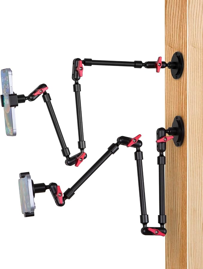 Wall Mounted Phone Holder Magic Arm 360° Rotation Adjustable Metal Base Screw in Wall Sturdy for Kitchen Bedroom Home 32 Inch Metal Phone Clip